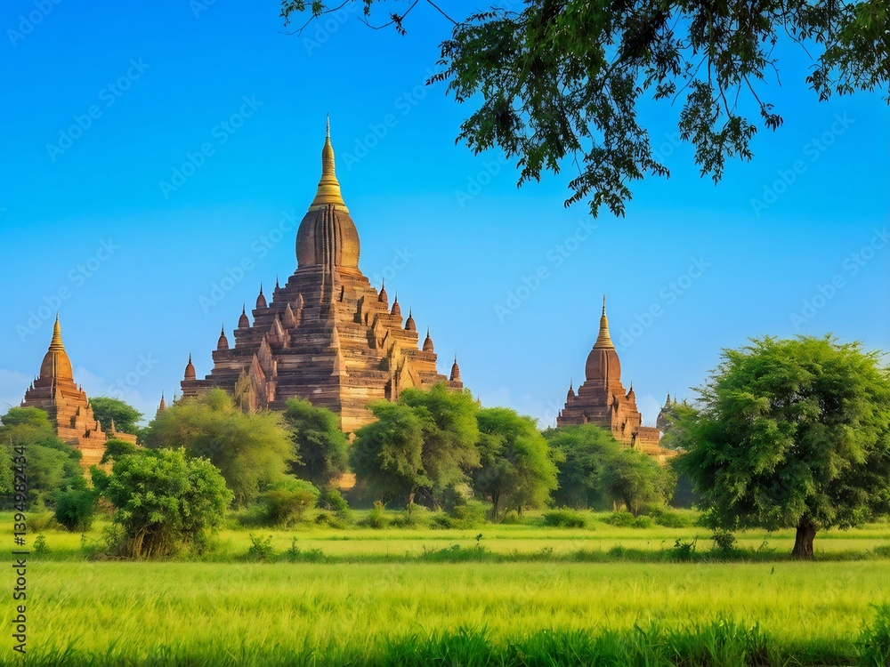 Fototapeta premium Ancient Temples Amidst Lush Greenery in Bagan