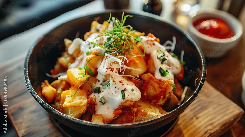 An inviting plate of Patatas bravas is attractively showcased. The Patatas bravas features golden - brown, crispy potato cubes that are fried to perfection An inviting plate of Patatas bravas is attractively showcased. The Patatas bravas features golden - brown, crispy potato cubes that are fried to perfection
