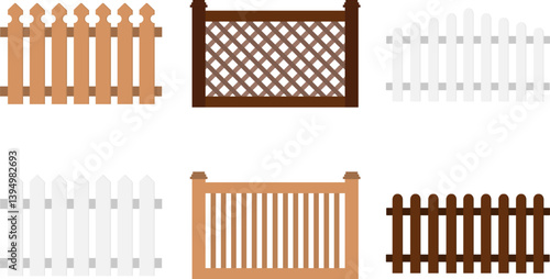 Fence, set of vintage wooden fence isolated on white background. Fence icon. Background image, poster, postcard, vector illustration.