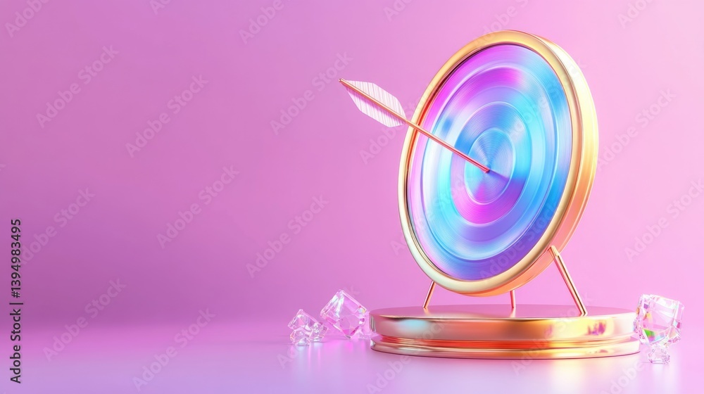 Arrow hits the center of the target in trendy vivid and bright colors, creative illustration for marketing goal, metaphor for business success, achieving aim and goal Arrow hits the center of the target in trendy vivid and bright colors, creative illustration for marketing goal, metaphor for business success, achieving aim and goal