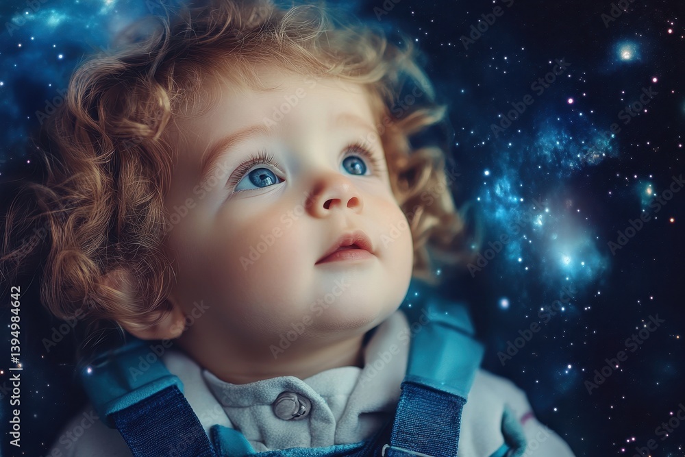 Curious baby gazing at the cosmos with sparkling eyes in a dreamy atmosphere Curious baby gazing at the cosmos with sparkling eyes in a dreamy atmosphere