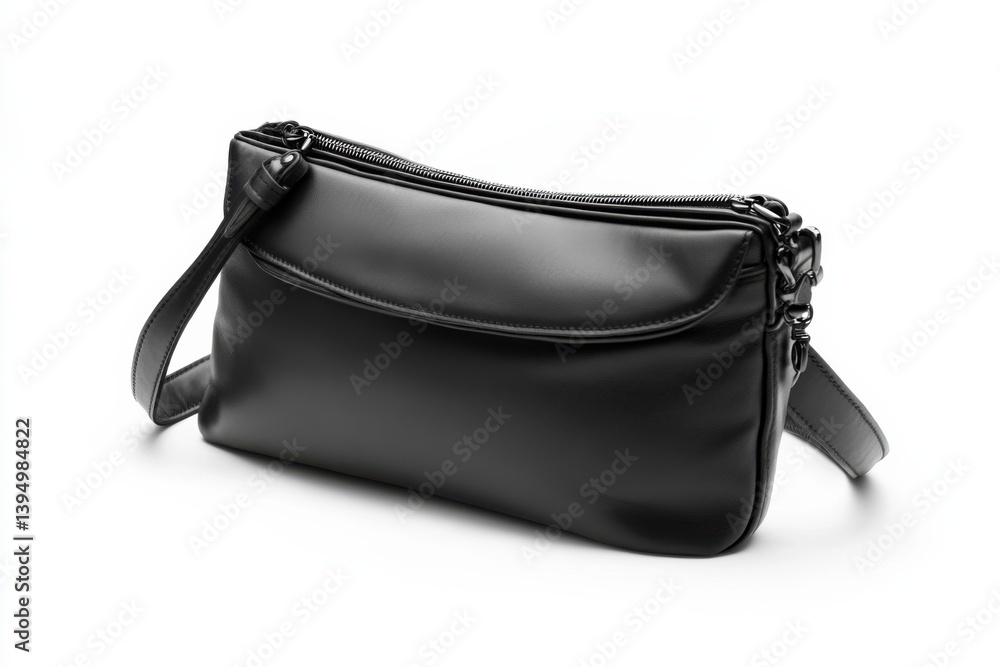 Black leather sling bag on white background, minimalist fashion accessory Black leather sling bag on white background, minimalist fashion accessory