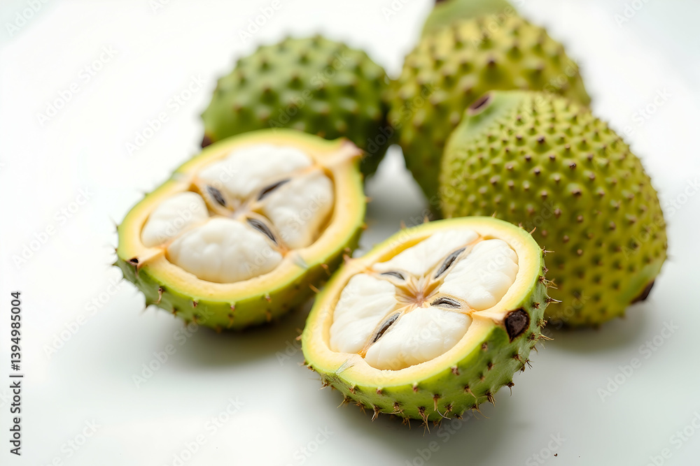 Detailed Top-Down View of Freshly Cut Soursop Displaying Its Creamy White Flesh and Black Seeds, Complemented by Whole Fruits with Their Green Spiky Skin Detailed Top-Down View of Freshly Cut Soursop Displaying Its Creamy White Flesh and Black Seeds, Complemented by Whole Fruits with Their Green Spiky Skin