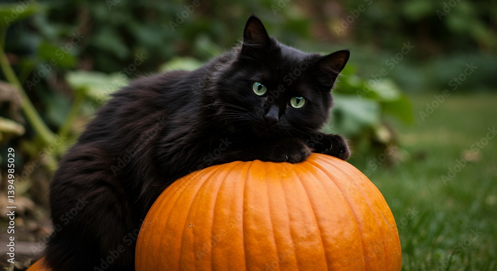 Black Cat Lying on Pumpkin in Garden Setting for Halloween Black Cat Lying on Pumpkin in Garden Setting for Halloween