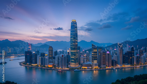 Evening skyline views of shenzhen's futuristic architecture urban landscape aerial perspective vibrant city lights