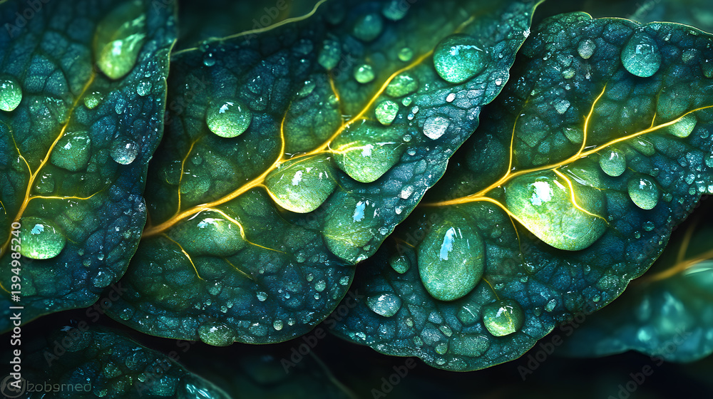 A highly detailed photography of morning dew delicately clinging to the vibrant green veins of a fresh leaf, capturing every drop in stunning clarity.