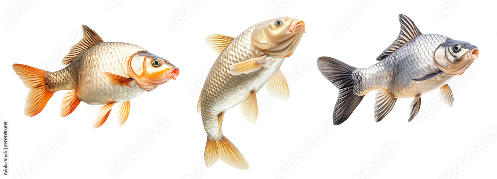 Set of common carp fish with detailed scales and fins, isolated on white transparent background, concept of aquatic life Set of common carp fish with detailed scales and fins, isolated on white transparent background, concept of aquatic life