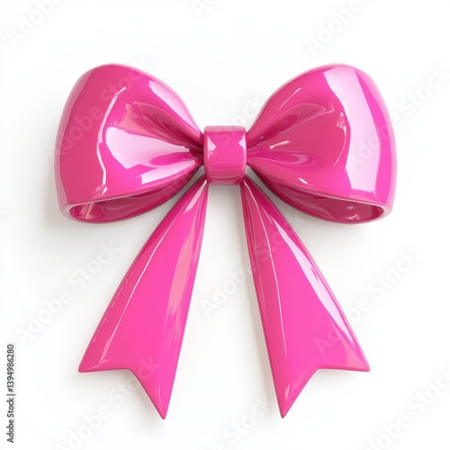 A shiny pink ribbon bow isolated against a plain white backdrop on isoleted white background
