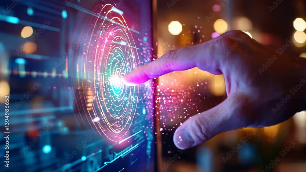 Futuristic touchscreen interaction with digital interface and neon lights. Futuristic touchscreen interaction with digital interface and neon lights.