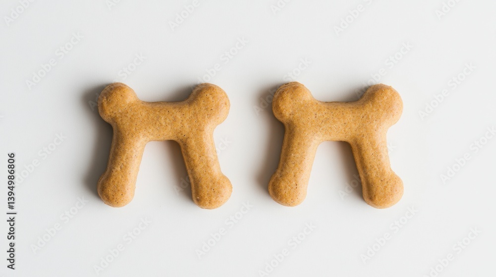 Two dog treats in bone shape on clean white surface, flat lay style for minimal PNG display Two dog treats in bone shape on clean white surface, flat lay style for minimal PNG display