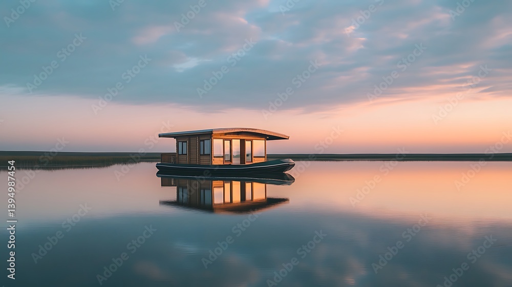 A peaceful houseboat on still waters, reflecting the warm evening glow, creating a serene atmosphere A peaceful houseboat on still waters, reflecting the warm evening glow, creating a serene atmosphere