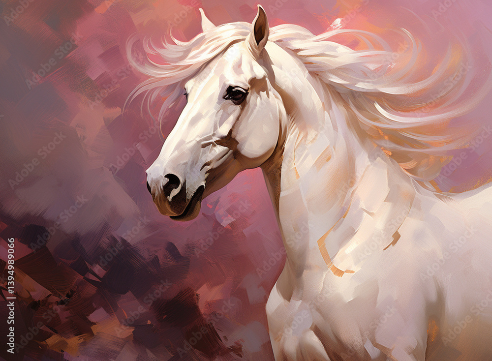 Abstract painting of a unicorn horse with a flowing long mane. The horse gently nudges a banner. Ash pink and white tones on a cocoa background with gold accents