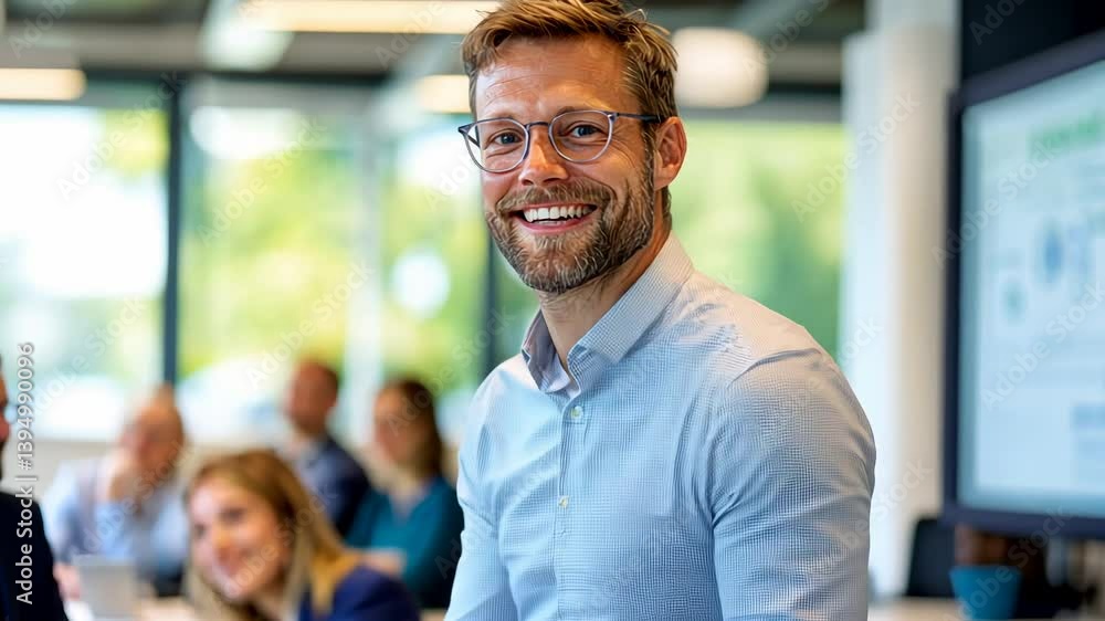 Business leader giving presentation in modern office with plants in background. Business leader giving presentation in modern office with plants in background.