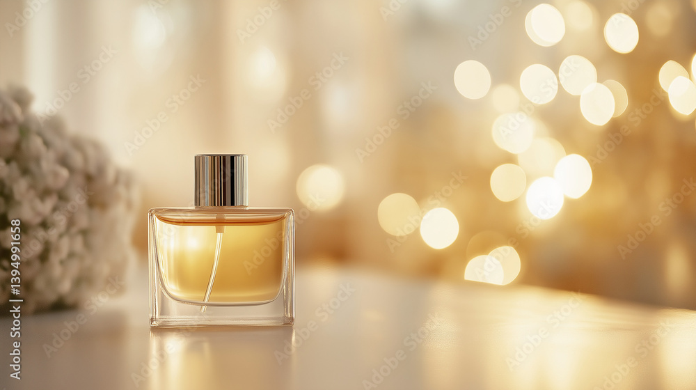 Elegant Perfume Bottle with Golden Liquid and Warm Bokeh Background Elegant Perfume Bottle with Golden Liquid and Warm Bokeh Background