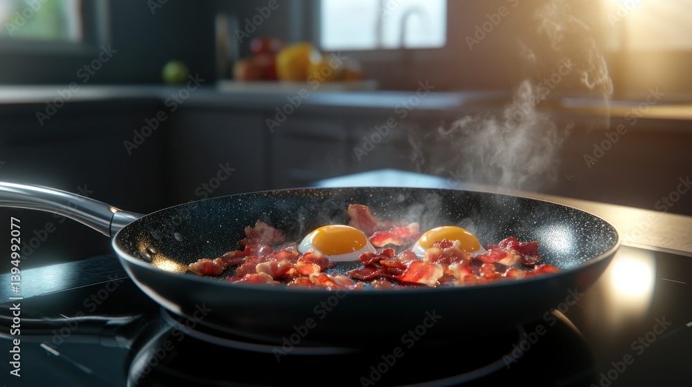 Delicious breakfast of fried eggs and crispy bacon in a frying pan Delicious breakfast of fried eggs and crispy bacon in a frying pan