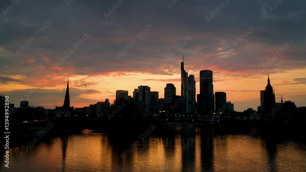 Skyline of Frankfurt during sunset in a calm timelapse cityscape shot Skyline of Frankfurt during sunset in a calm timelapse cityscape shot