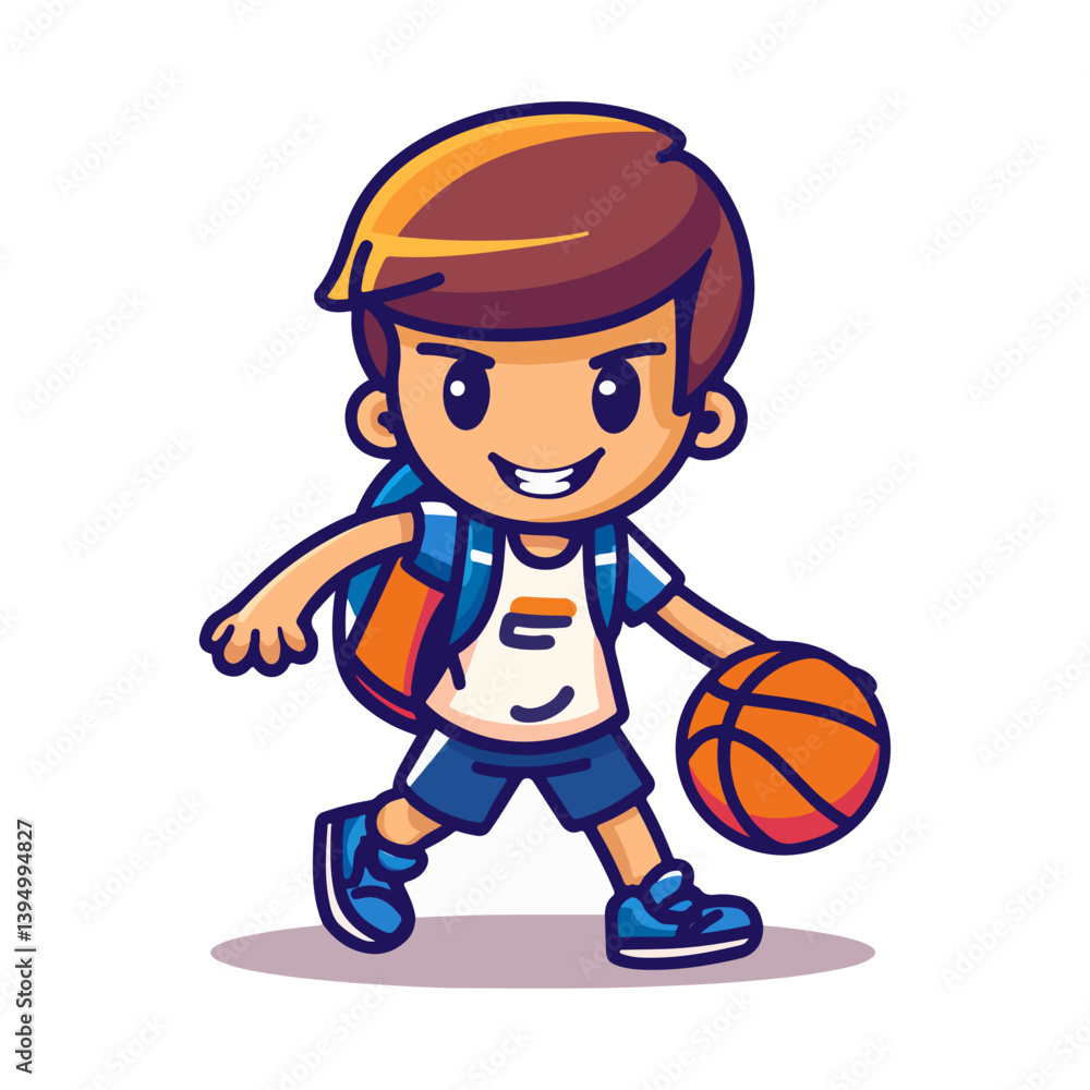 Fototapeta premium Cartoon Boy Dribbling Basketball Sports and Recreation Illustration with Cheerful Boy Character