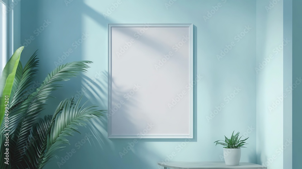 A serene interior scene featuring a blank frame and a plant against a light blue wall, perfect for minimalistic decor. A serene interior scene featuring a blank frame and a plant against a light blue wall, perfect for minimalistic decor.
