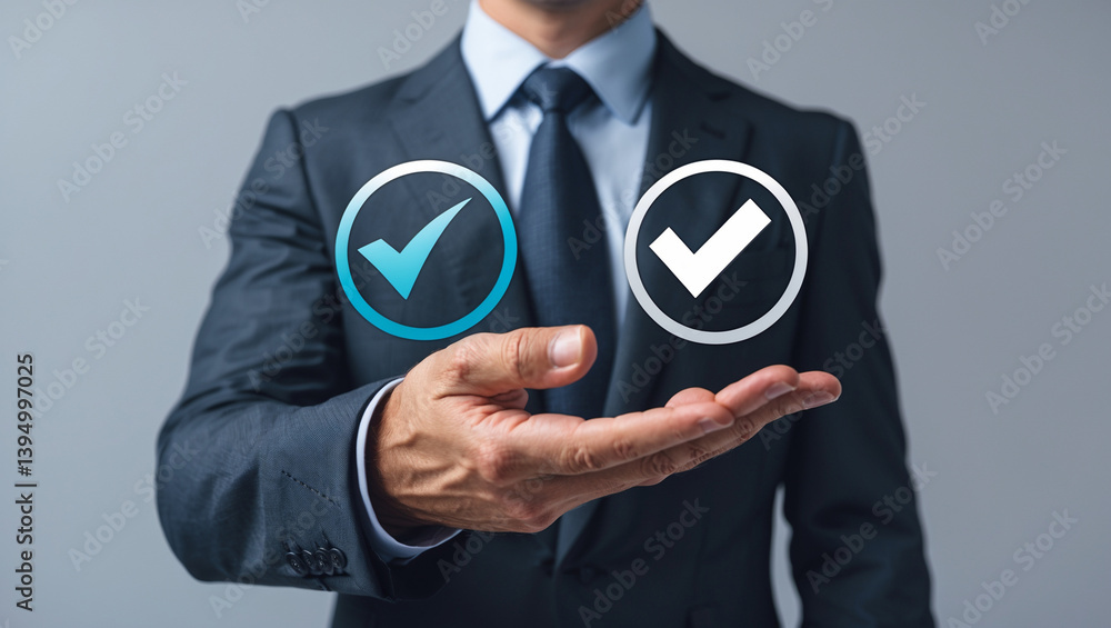 Businessman Presenting Choice Between Two Checkmarks Correct And Wrong Concept Businessman Presenting Choice Between Two Checkmarks Correct And Wrong Concept