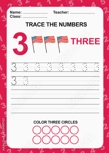 Trace and write number for children. Exercise for children to recognize the number. Educational worksheet for preschool. Vector file.