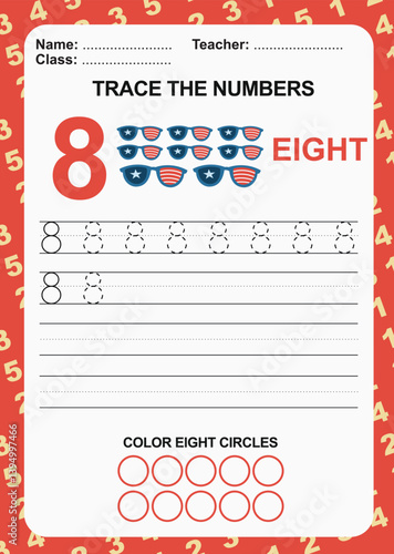 Trace and write number for children. Exercise for children to recognize the number. Educational worksheet for preschool. Vector file.