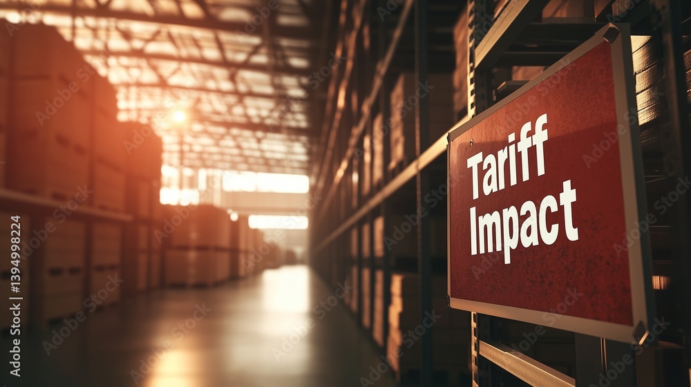 Obraz premium Warehouse with 'tariff impact' sign, symbolizing trade barriers affecting storage and logistics.