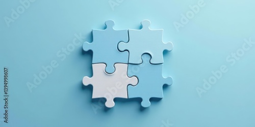 Four interlocking puzzle pieces, pale blue and white, represent unity and collaboration in problem-solving