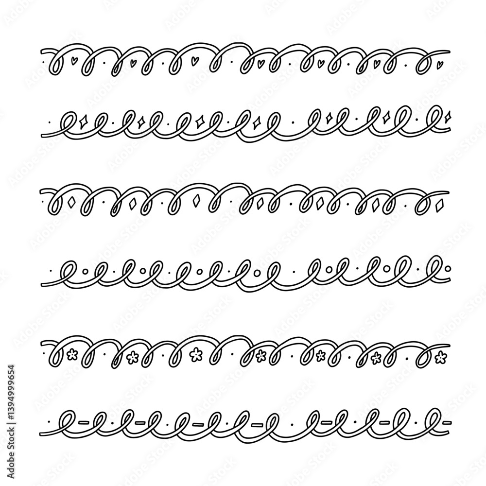 Fototapeta premium Underline Wave Squiggle Doodle Border Set. Wavy Line Curve Frame Decoration Collection. Handdrawn Vector Divider Element