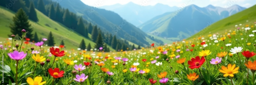 Fototapeta premium Colorful wildflowers in the lush alpine meadow, flowers, serene atmosphere