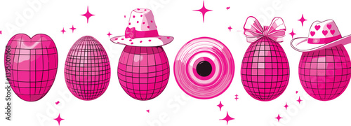 Pink disco ball icon set, vector hand drawn western dance party shiny nightlife music illustration. Cowgirl bachelorette celebration groovy sign retro club aesthetic print.