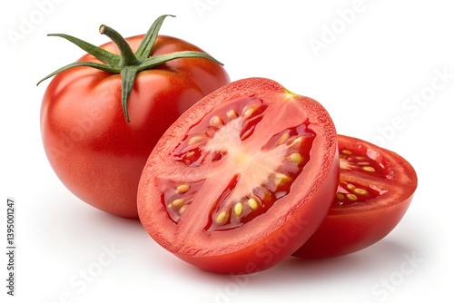 Fresh Red Whole and Sliced Tomato Product Shot on White Background