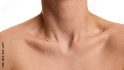 Tableau sur toile Cropped photo of young female body, neckline with soft, smooth and toned body against white background