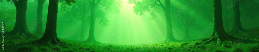 Obraz premium Ethereal green mist ascends from a serene forest clearing, forest, green smoke