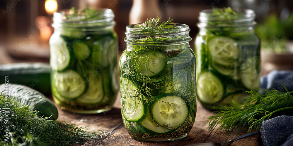 Glass jars filled with sliced cucumbers, dill, and brine, showcasing a homemade pickled cucumber recipe. The image conveys freshness and a rustic home-style preservation method. Glass jars filled with sliced cucumbers, dill, and brine, showcasing a homemade pickled cucumber recipe. The image conveys freshness and a rustic home-style preservation method.