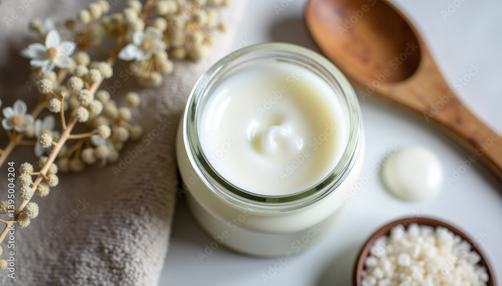 Natural skincare cream in open jar with wooden lid and decor elements Natural skincare cream in open jar with wooden lid and decor elements