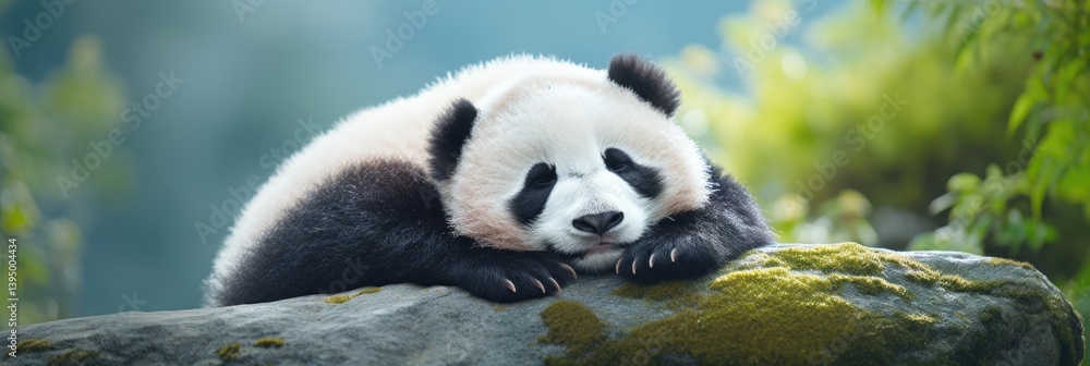 Obraz premium panda sleeps on a rock