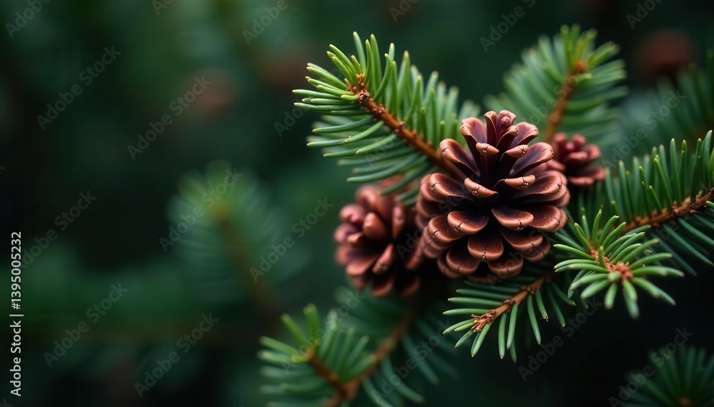 Close-up of a pine branch heavy with richly colored Christmas cones , visual, evergreen, artwork Close-up of a pine branch heavy with richly colored Christmas cones , visual, evergreen, artwork