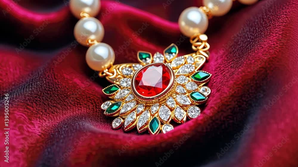 Elegant Necklace with Red Gem and Pearls on Luxurious Fabric Background Elegant Necklace with Red Gem and Pearls on Luxurious Fabric Background
