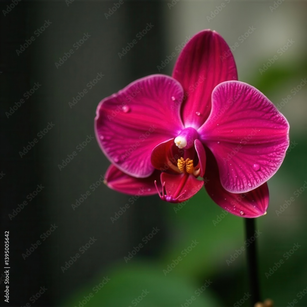 Close-up of a single red orchid blossom, dew drops visible , detail, closeup Close-up of a single red orchid blossom, dew drops visible , detail, closeup
