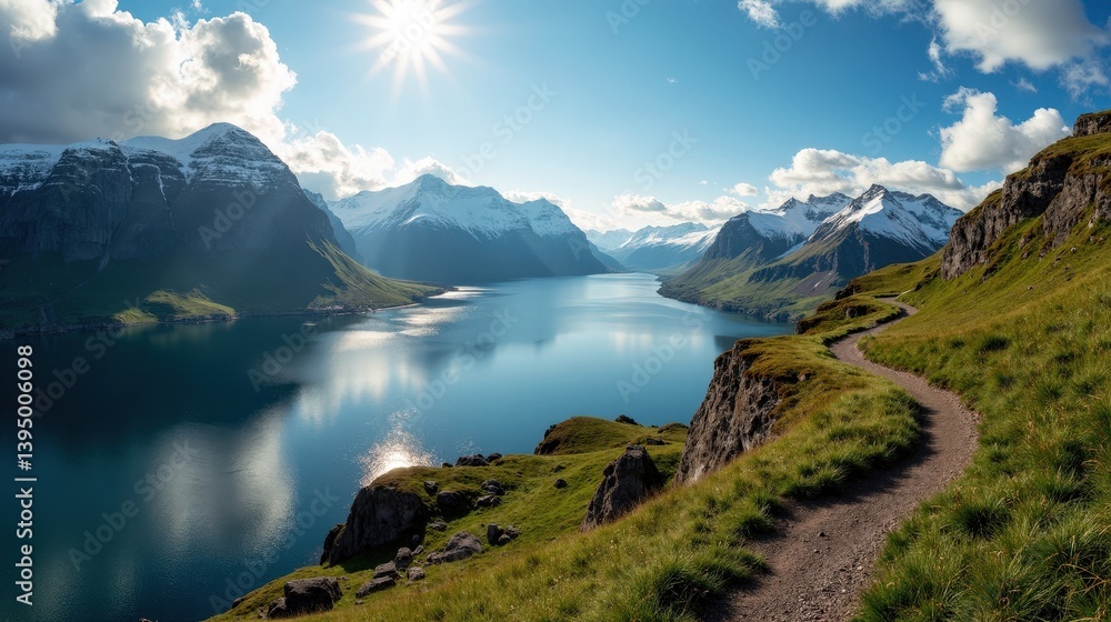 Obraz premium Clear photo of a location in Norway at midday, with sunny weather, captured from a wide panoramic angle.