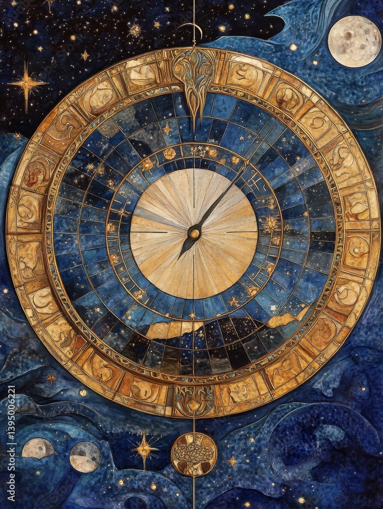 Fototapeta premium Astrolabe or clock mechanism against a starry sky with moon illustration.