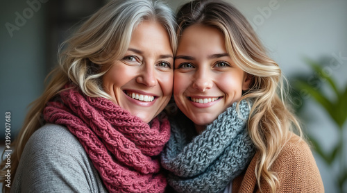 Smiling mother and daughter wearing matching scarves, showcasing warmth and love in cozy setting