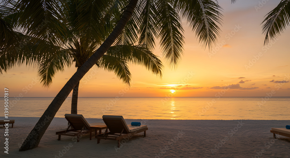Fototapeta premium Relaxing Beach Chairs at Sunset with Palm Trees Framing Ocean View