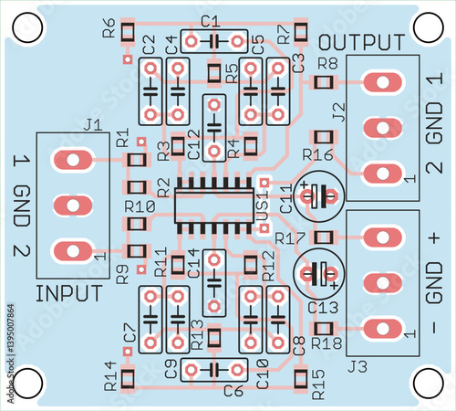 Vector printed circuit board of electronic 
device with components of radio elements, 
conductors and contact pads placed on pcb. Engineering technical educational drawing.
Computer technic cad design
