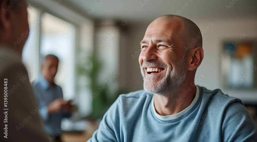 joyful man with shaved head and beard smiles warmly, showcasing happiness in social setting joyful man with shaved head and beard smiles warmly, showcasing happiness in social setting