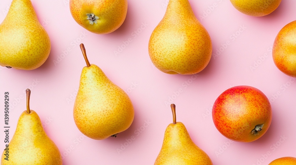 Vibrant yellow pears and red apples artfully arranged on a soft pink background, creating a fresh and minimalist fruit composition with elegant symmetry and color contrast. Vibrant yellow pears and red apples artfully arranged on a soft pink background, creating a fresh and minimalist fruit composition with elegant symmetry and color contrast.