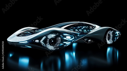 A futuristic car with glowing vents and floating geometric details 