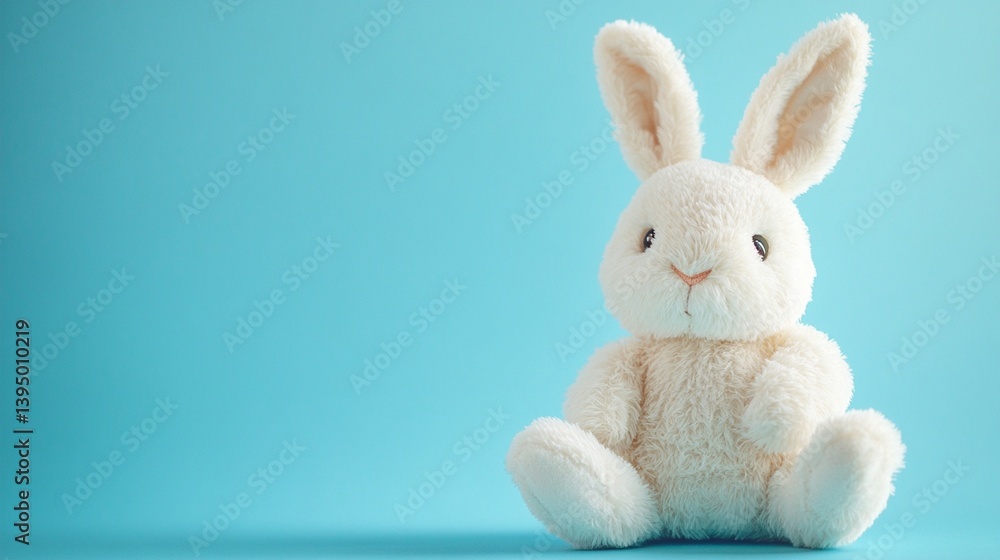 Soft white plush bunny toy sitting alone against a serene turquoise background, embodying childhood comfort and innocent charm with its fluffy texture Soft white plush bunny toy sitting alone against a serene turquoise background, embodying childhood comfort and innocent charm with its fluffy texture