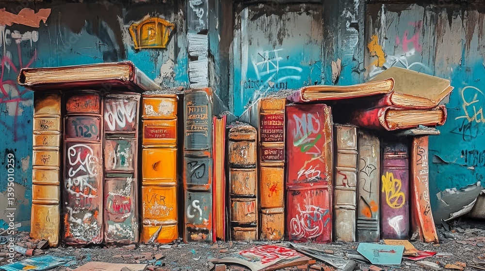 Naklejka premium Row of books painted on a wall with graffiti in an urban setting.
