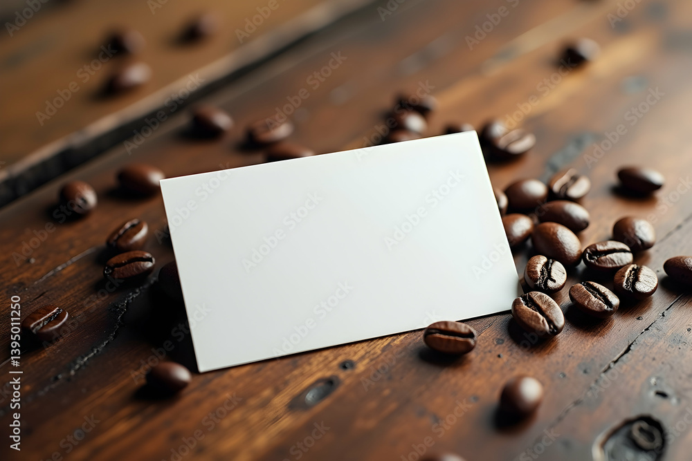 Elegant business card mockup with coffee beans on a wooden table for branding, promotion, advertisement, or marketing, and presenting creative ideas.